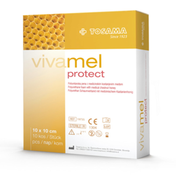 Vivamel Protect PU, obloga - sterilna pena z medicinskim kostanjevim medom - 10 x 10 cm (10 oblog)