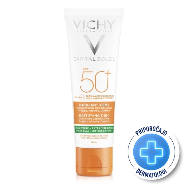 Vichy Capital Soleil, 3v1 matirajoča nega za zaščito pred soncem - ZF50+ (50 ml)