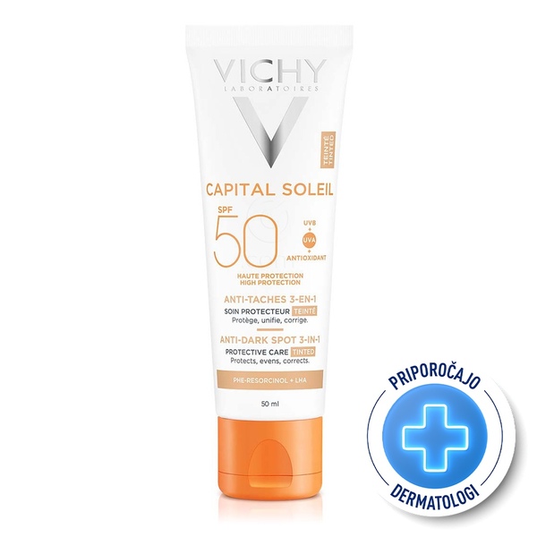 Vichy Capital Soleil, obarvana zaščitna krema za obraz 3v1 - ZF50+ (50 ml)