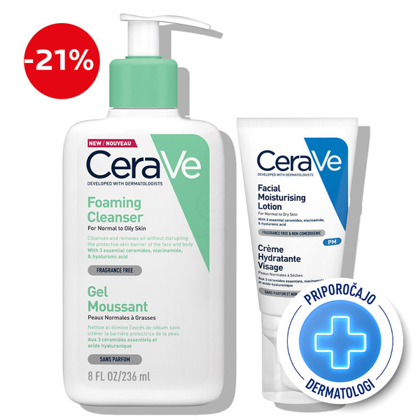 CeraVe, dnevni protokol za normalno do mešano kožo obraza - čiščenje in nega (236 ml + 52 ml)