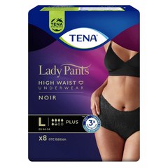 Tena Lady Pants Plus L, vpojne hlačke za inkontinenco z visokim pasom - črne (8 hlačk)