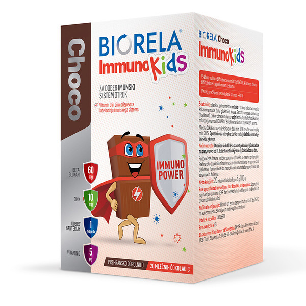 Biorela Immuno Kids Choco, mlečne čokoladice (20 čokoladic) 