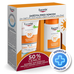Eucerin Sun Sensitive Protect, družinski paket za zaščito pred soncem - ZF 50+ (200 ml + 150 ml)