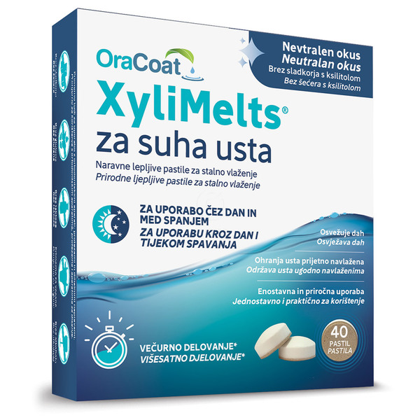 Xylimelts Ora Coat, pastile za suha usta s 500 mg kslitola - nevtralen okus (40 pastil)