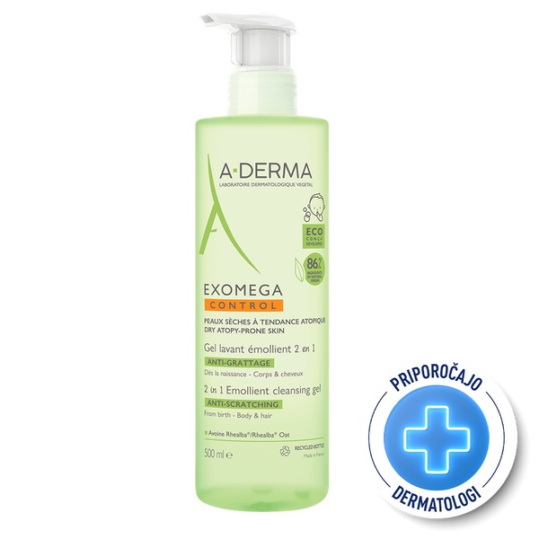 A-Derma Exomega Control, emolientni čistilni gel 2v1 za atopijsko kožo (500 ml)