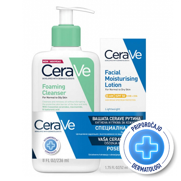 CeraVe, paket za nego obraza - peneči čistilni gel in vlažilna krema za normalno do suho kožo ZF50 (236 ml + 52 ml)