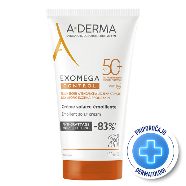 A-Derma Exomega Control, emolientna krema za zaščito pred soncem - ZF50+ (150 ml)