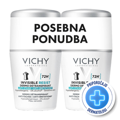 Vichy Invisible Resist 72h, detranspirant proti madežem in razdraženosti - roll-on - paket (2 x 50 ml)