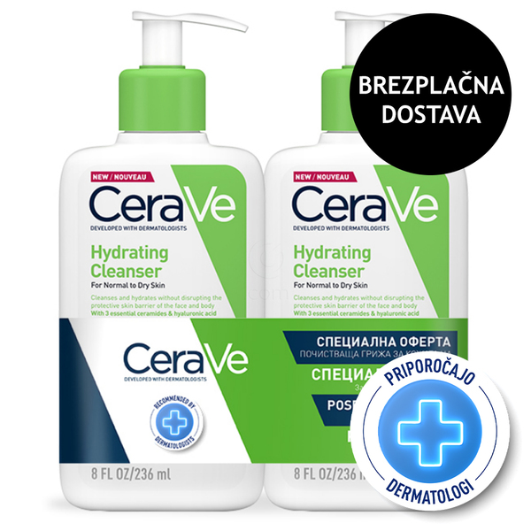 CeraVe, vlažilna čistilna emulzija za obraz za normalno do suho kožo - paket (2 x 236 ml)
