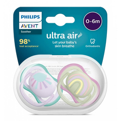 Avent Ultra Air, tolažilna duda silikonska brez bisfenola - motiv: sonce mavrica - 0 - 6 mesecev (2 dudi) 