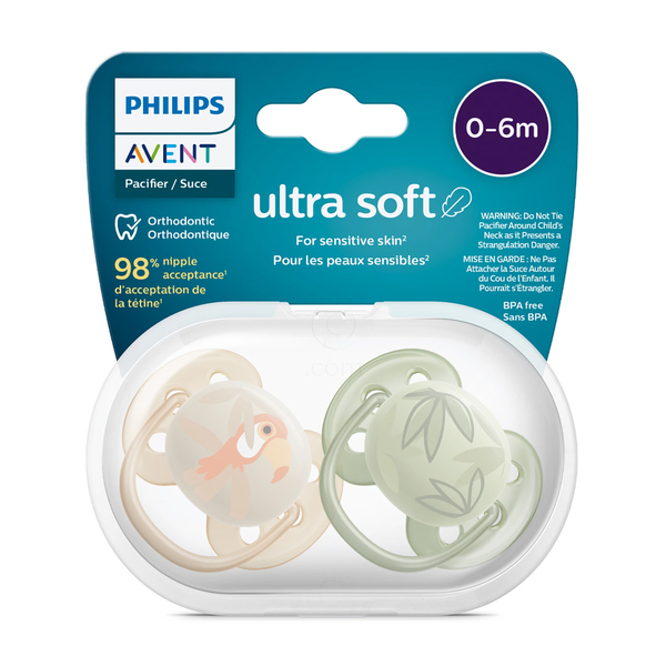 Avent, silikonska tolažilna duda brez bisfenola ultra soft - motiv dečki pelikan/džungla - 0 - 6 mesev (2 dudi)