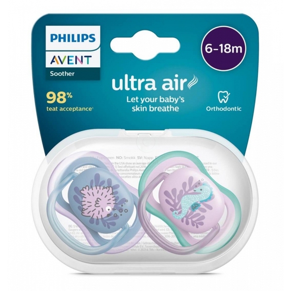 Avent Ultra Air , tolažilna duda silikonska brez bisfenola - za deklice - 6-18 mesecev (2 dudi)