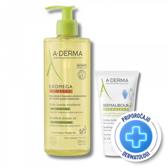 A-Derma Exomega Control, paket - emolientno čistilno olje za tuširanje + Dermalibour+ krema (500 ml + 50 ml)
