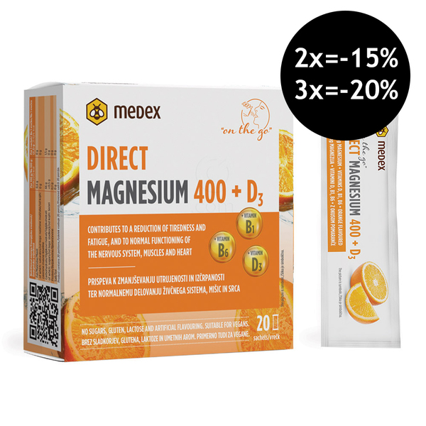 Medex Magnezij Direct 400 + D3, prašek v vrečkah (20 x 2,2 g)