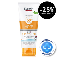 Eucerin Sun Sensitive Protect Kids Dry Touch, kremni gel za zaščito otroške kože pred soncem - ZF50+ (200 ml)