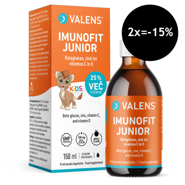 Valens Imunofit Junior, tekočina z beta-glukani, cinkom in vitaminoma C in D (150 ml)