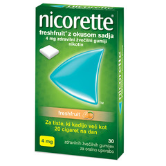 Nicorette Freshfruit z okusom sadja, 4 mg zdravilni žvečilni gumiji (30 žvečilnih gumijev)